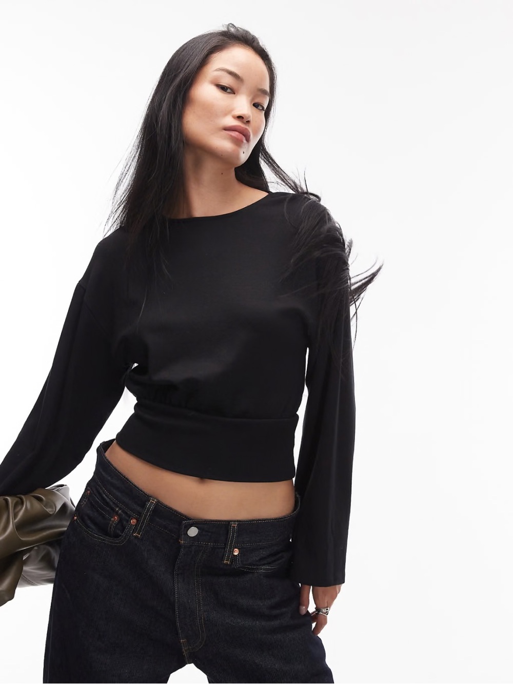 wide sleeves top cropped cinched waist pullover soft modal